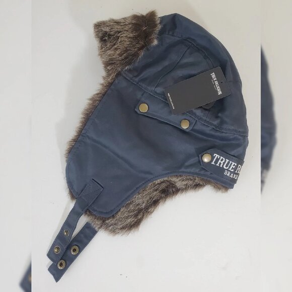 TRUE RELIGION FAUX FUR TRAPPER AVIATOR HAT STITCHED WITH PATCH ICONIC LOGO BLUE - Picture 1 of 6